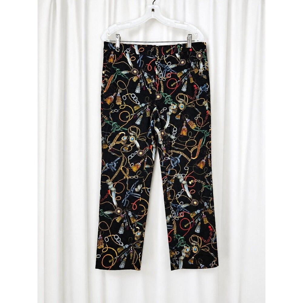 Zara Basic Black Baroque Colorful Chain Rope Tassel Print Everyday Ankle Pants
